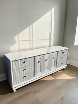 White Faux Bamboo Dresser with Brass Hardware