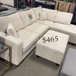 Elegant 3-Pc Corduroy Sectional Sofa With USB Port & Ottoman Storage