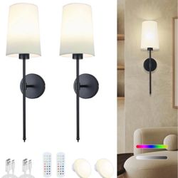 Battery Operated Wall Sconce Set of 2 with Remote Control,White Fabric Shade Wall Lights with Dimmable 15 RGB Rechargeable LED Light Bulb for Bedroom