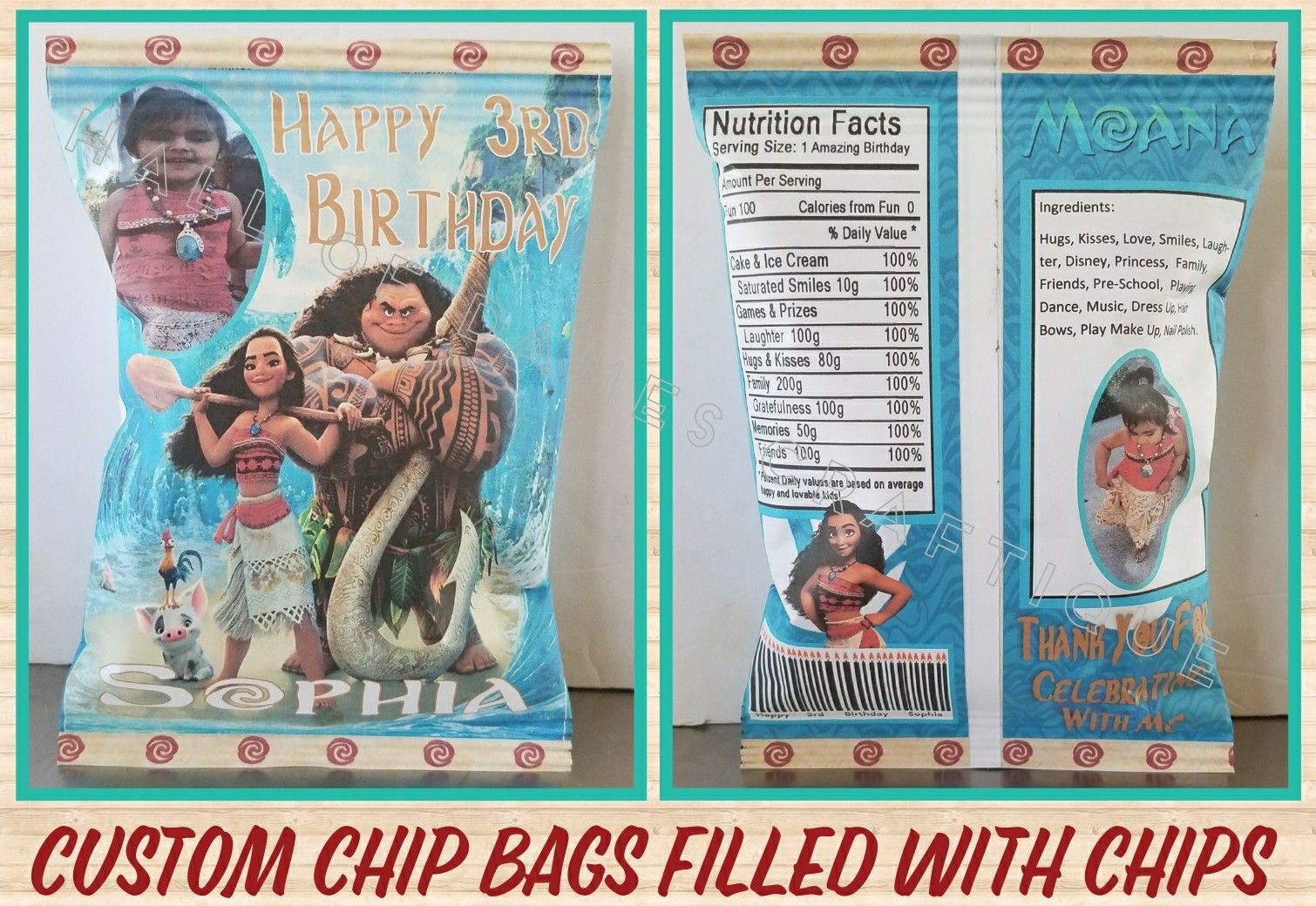 Moana themed treat bags, party favors, decorations filled with chips