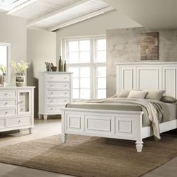 Brand New Cottage Buttermilk Cream White 4pc Queen Size Bedroom Set 