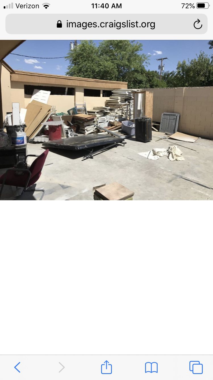 FREE! Must take everything! Commercial metal shelving, some hardware, debris, truck bed cover etc