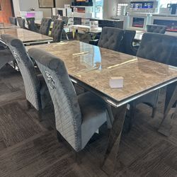Brand New Super Elegant Marble Silver Accented Dining Set 