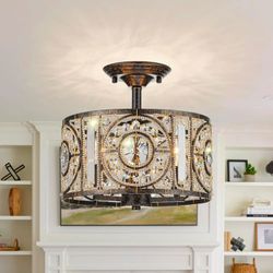 Vintage Crystal Drum Chandelier, 3-Lights Bronze Finish Retro Chandelier Lighting Fixture