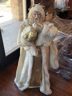 4 Ft Large Rare Ivory & Gold Santa – Wood Base – High-End Christmas Decor