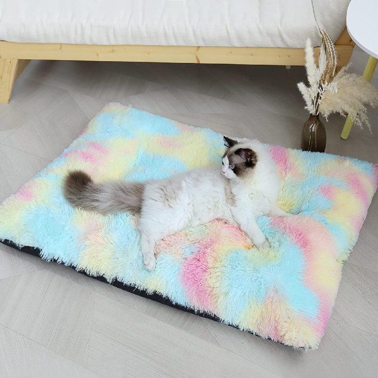 Pet Bed,Deluxe Faux Fur Dog Crate Mat with Anti-Slip Bottom.24”X18”X3”Snow Rainbow