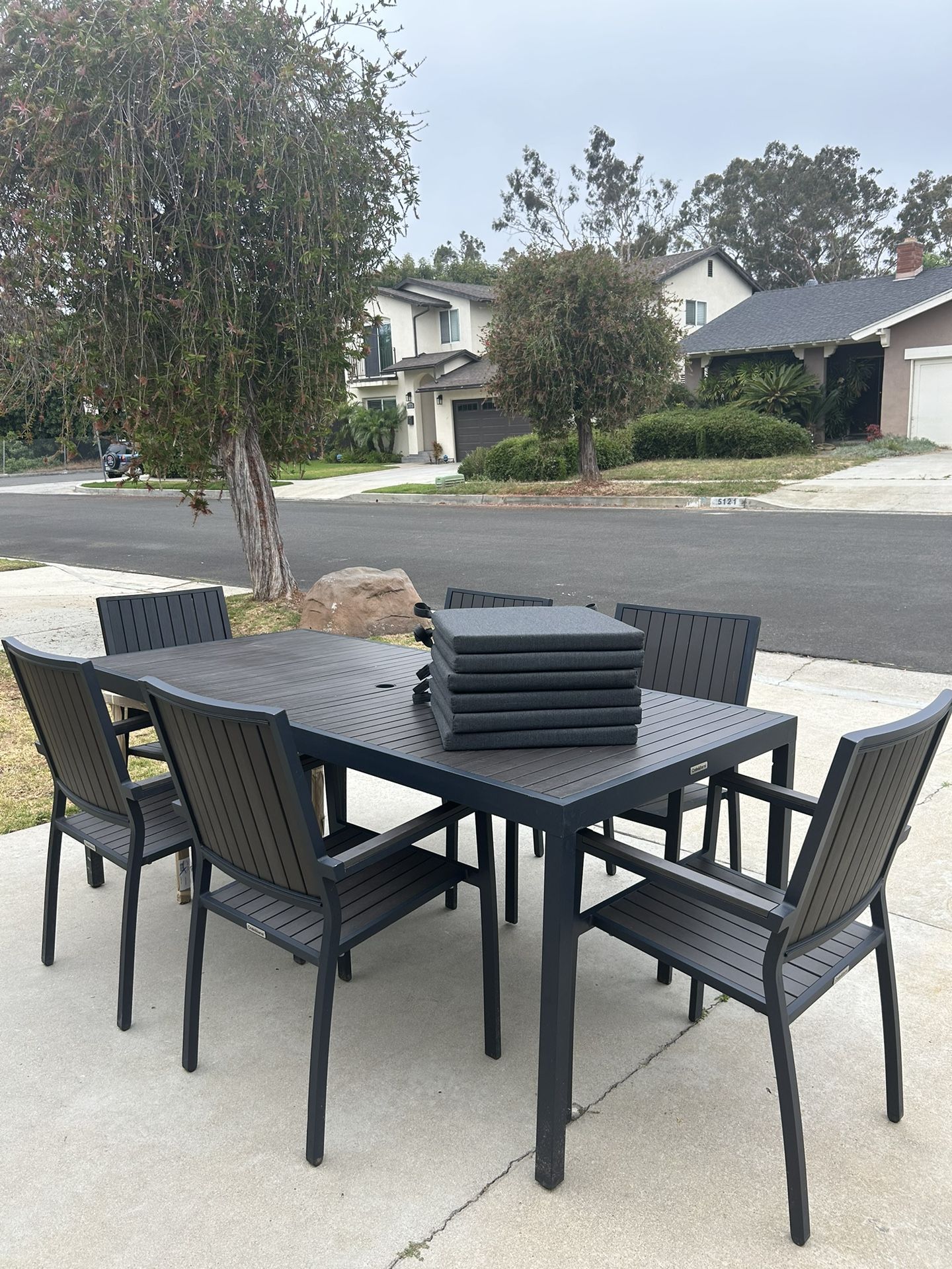 Crate & Barrel Alfresco 78" Black Metal Outdoor Dining Set, Table, Chairs