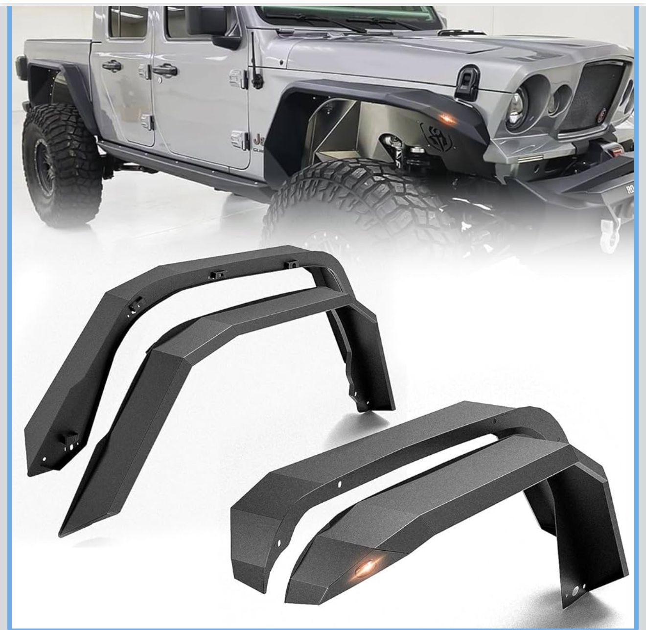 for JT Flat Front and Rear Fender Flares Compatible with 2020 2021 2022 2023 2024 2025 2026 Jeep Gladiator JT with Turn Signal Lights, Heavy Duty Stee