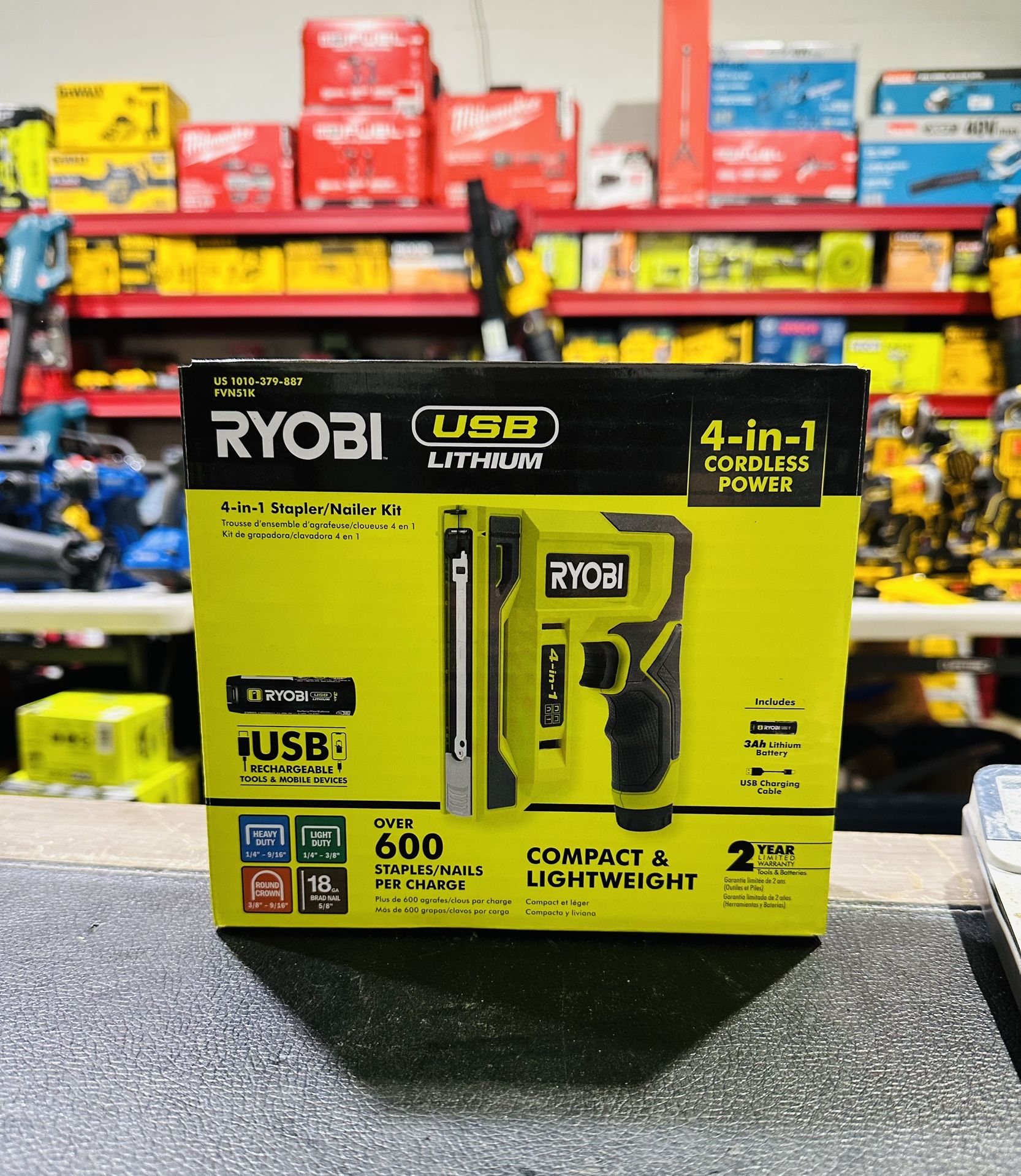 RYOBI USB Lithium Cordless Craft 4-in-1 Stapler/Nailer Kit with 3.0 Ah Battery and Charging Cable