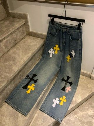 Chrome Hearts CH Cross Multicolor Leather Label Heavy Washed Jeans