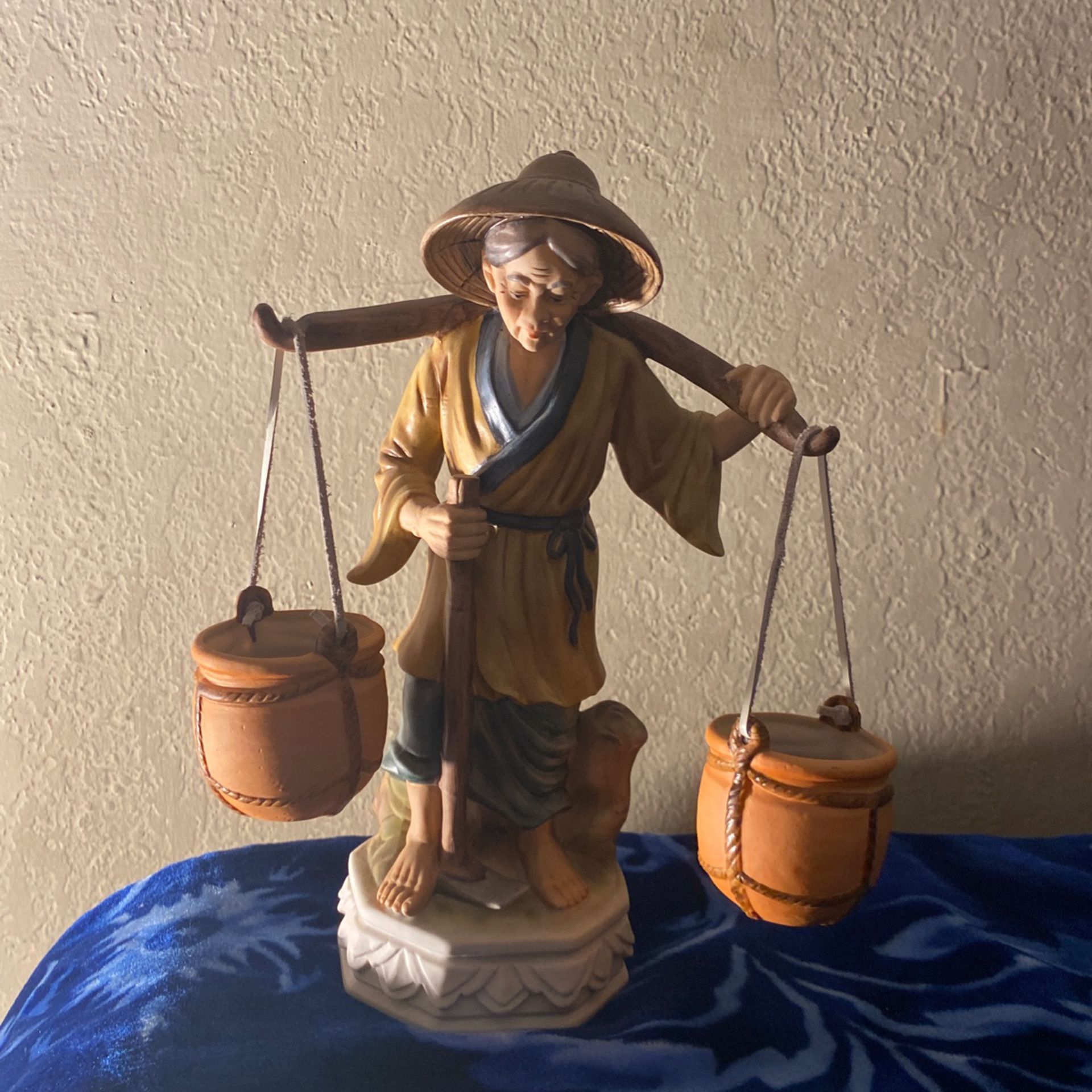 Asian Figurine Woman Carry Buckets Of Water. Size Next to a Size 12 Shoes.