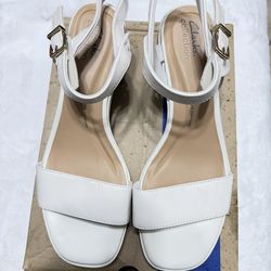 Clarks White Leather Block Heel Buckle Slingback Sandals Women's Size 10M
