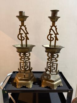 Pair of Brass Chinese Altar Candlesticks