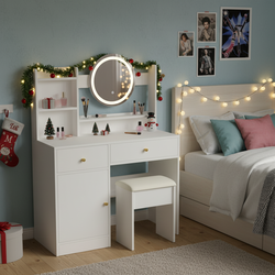 Malmo Modern White Vanity Table Set with Lighted Mirror and Storage Shelves