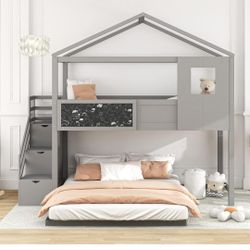 Twin over Full House Bunk Bed with Storage Staircase and Blackboard