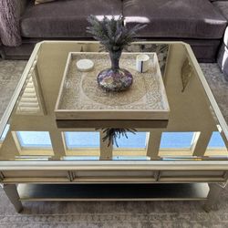 Gorgeous Z Gallerie Palais Silver Coffee Table With Wood Tray Centerpiece And Decorative Vase 