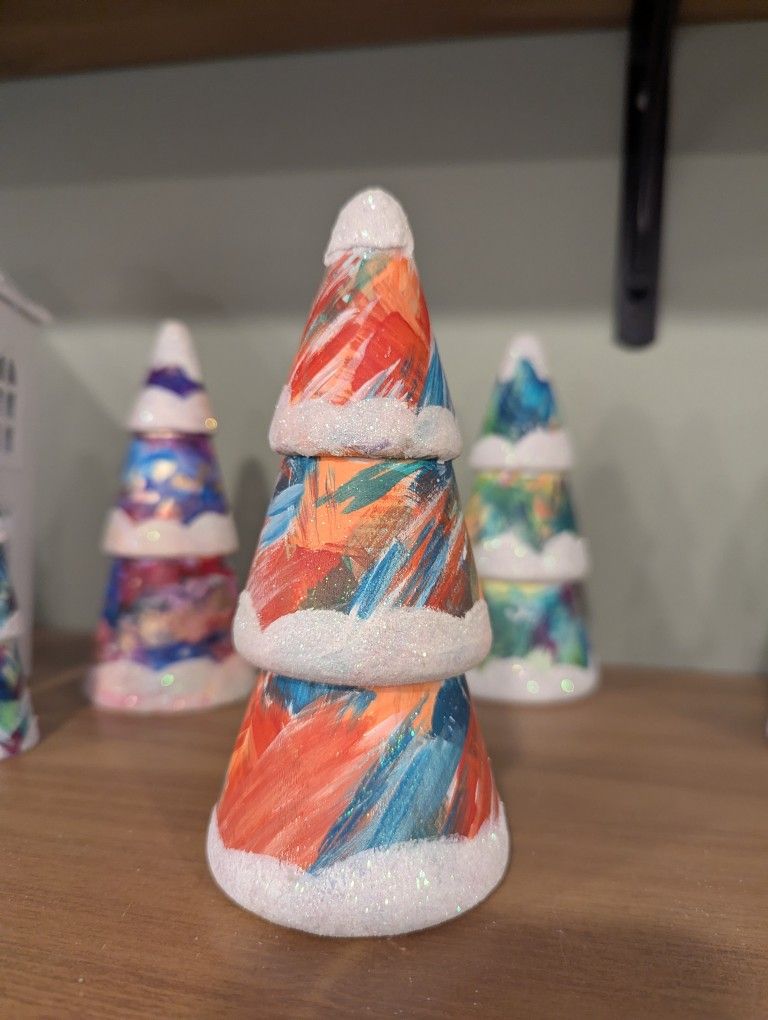 6"  Hand Designed Abstract Design Wooden Christmas Trees