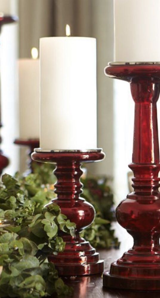 NEW! Pottery Barn Red Antique Mercury Glass Pillar Candle Holders 