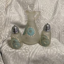 (3) Pieces Vtg. Hazel Handpainted Starburst S & P, w/Vinegar Cruet.