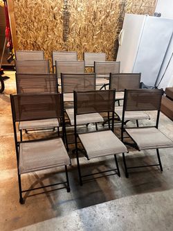 Brand: Room Essentials Product/Model: Bistro Folding Chairs Color: Tan Quantity: 12 chairs  Dimensions:  * Seat: 16” wide × 15” deep * Chair Back: 17¾