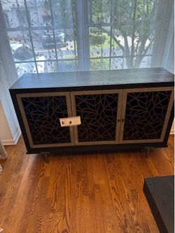 Modern Dark Wood 3-Door Sideboard with Geometric Fretwork