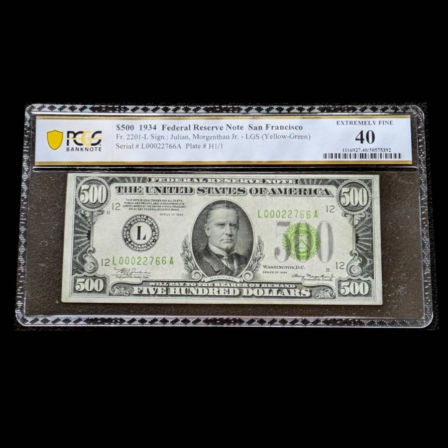 Rare 1934 vintage $500 Federal Reserve bill San Francisco PCGS graded XF EF 40 yellow green seal low serial