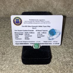 PRICE DROP!! 3.03 carat Square cushion emerald and 0.12 carat white topaz ring (3.15 total gemstone weight)