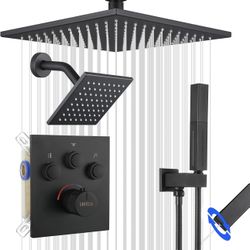 Thermostatic Shower System Matte Black, Push Button Diverter Shower Faucet with 2 in 1 Handheld, Ceiling Mount 12 Inch Shower Head