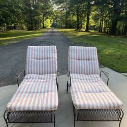 2 Weathered Vintage Outdoor Adjustable Chaise Lounge Chairs with Cushions