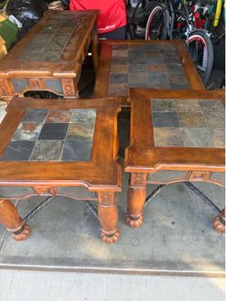 Set of 4 wooden and slate coffee/end/sofa tables
