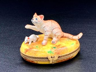 Vintage Authentic Limoges Peint Main Cat &Mouse Trinket Box Hand Painted France
