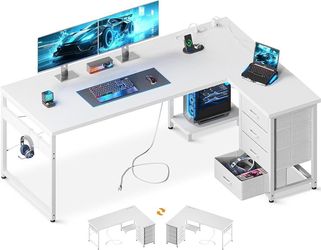 DK122 $70  L Shaped Desk with 4 Tier Drawers, 61" Reversible Gaming Desk with Power Outlets, L Shaped Computer Desk with USB Charging Port and Host St