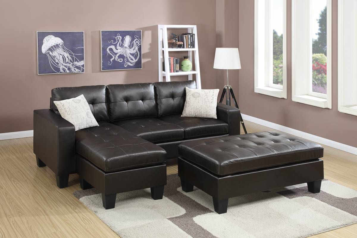 Black Leather Sofa Sectional w/ Ottoman 