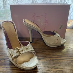 Charles David 6 B Spain White Croc Leather Open Toe Slip-on Heels Shoes