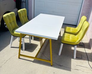 Upscale Modern 6-Piece Dining Set – White Extendable Table + 4 Olive Velvet Chairs | Gold Frame