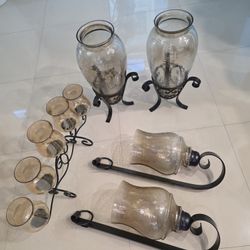 6pc Tuscan Wrought Iron & Amber Glass Decor Set