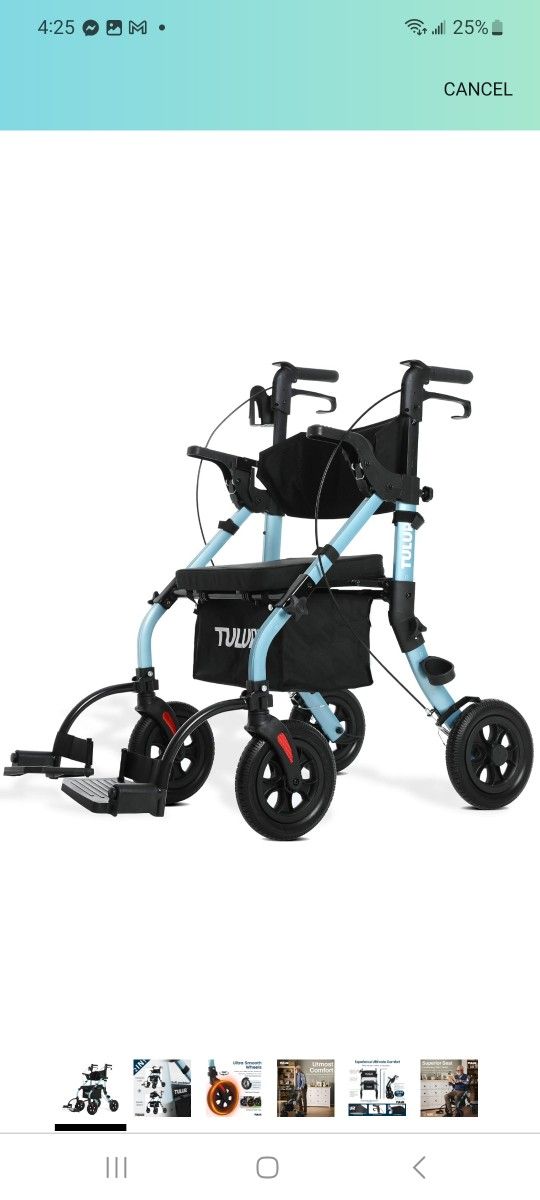All Terrain Walker Wheelchair Combo,Rollator Walker with Seat for Seniors with Footrest,Transport-Wheelchair Combo,2 in 1 Rolling Walker Chair with Wi