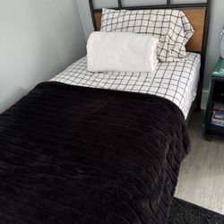 Twin Bed, Black Metal And Real Wood