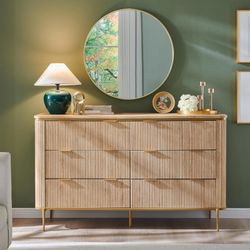 Fluted 6 Drawers Dresser for Bedroom, 54" Wide Modern Dresser TV Stand, Gold Accents, Fluted Fronts, Wood Storage Dressers Organizer for Bedroom, Livi