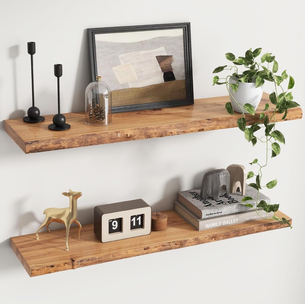 Rustic Live Edge Elm Wood Floating Shelves Wall Mounted Natural Finish 36"W x 9.3"D x 1.5"H Set of 2