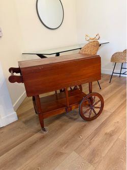 Vintage Solid Wood Drop-Leaf Tea Cart | Bar Cart | Serving Cart | Rolling Hostess Trolley