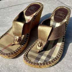 Burberry Metallic Gold Nova Check Espadrille Wedge Sandals (Women’s, Authentic)