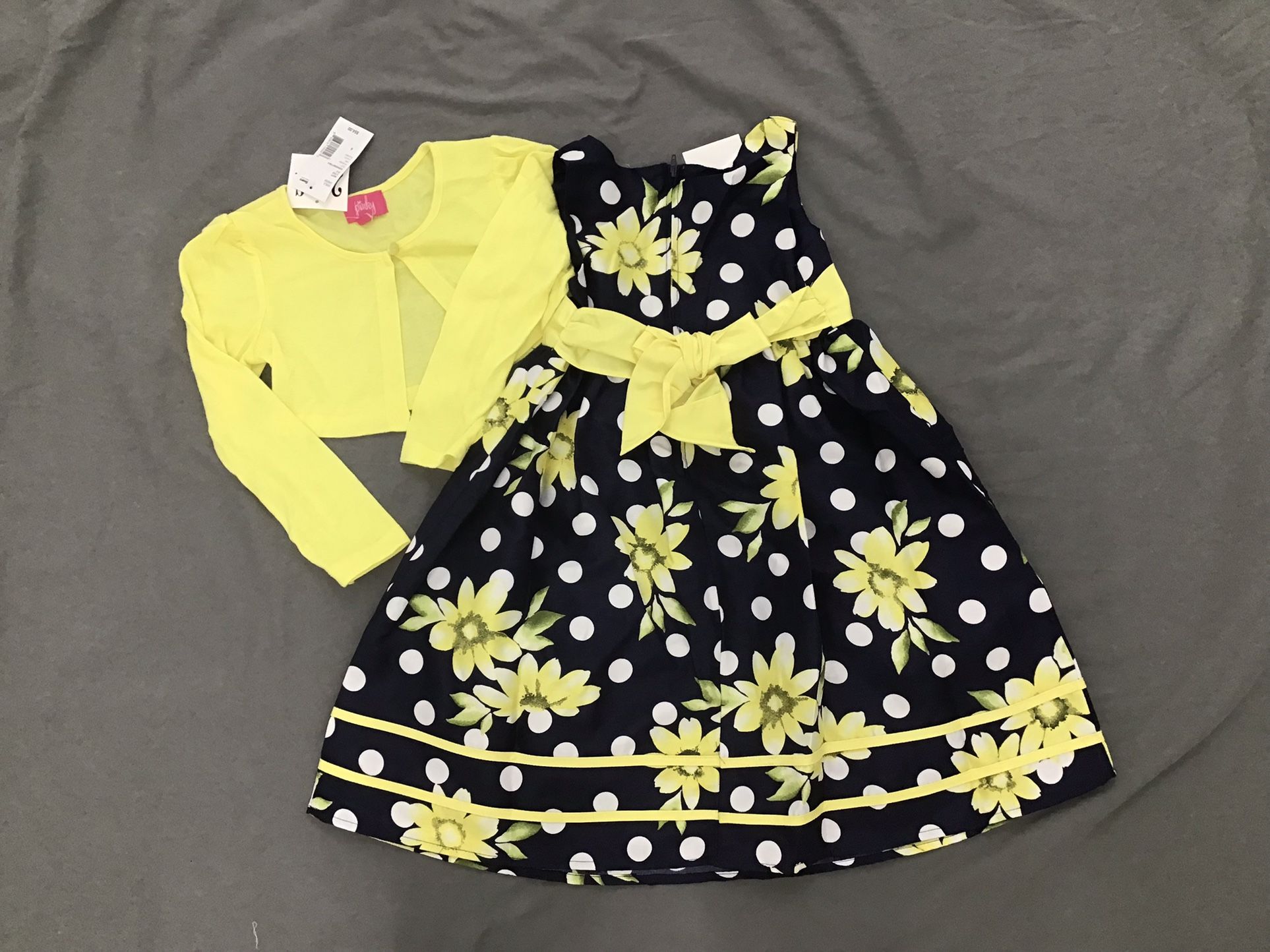 NEW WITH TAGS black dress with yellow flowers, yellow shrug top size 6