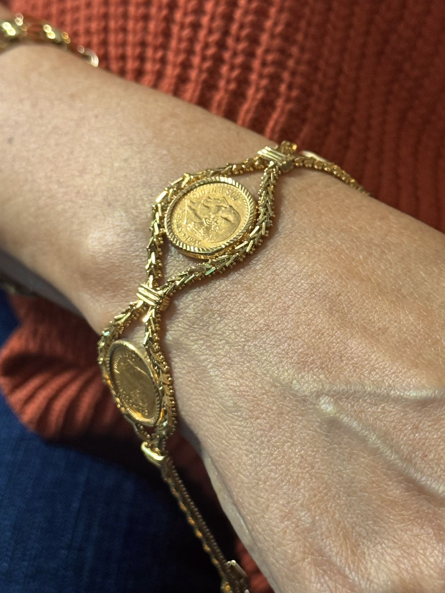 14k & 22k Gold Bola Mexican Three Coin Charms Bracelet 8 Inches