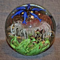 Paperweight 8.10 lbs. XL Round Art Glass Tropical Reef Fish Dolphins Aquarian