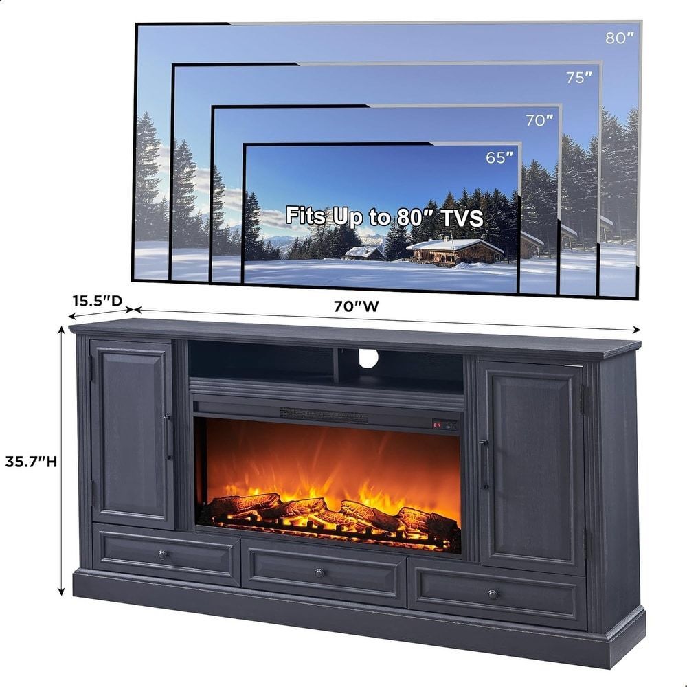 Farmhouse Fireplace TV Stand for 80 Inch TV, Entertainment Center - Black