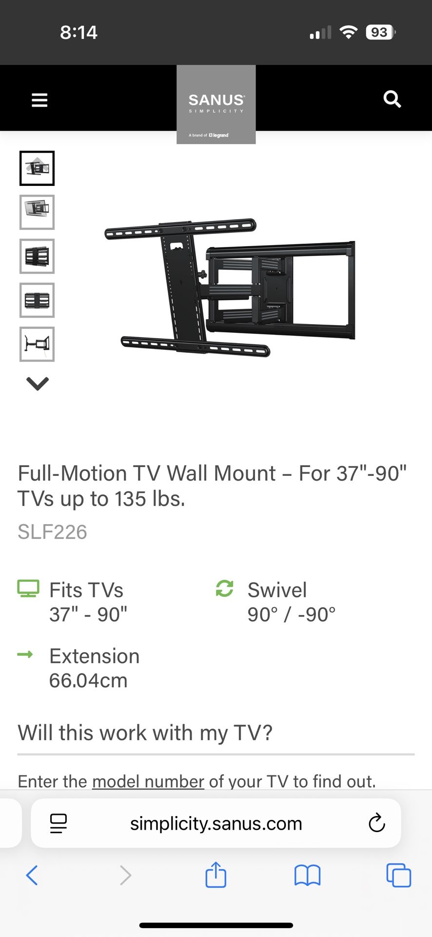 Sanus Full Motion TV Wall Mount 