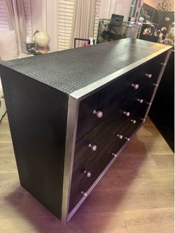 Luxury Black Alligator Print 8-Drawer Dresser | Silver Trim | Hollywood Regency Glam