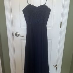 Navy blue embroidered evening gown with chiffon shawl