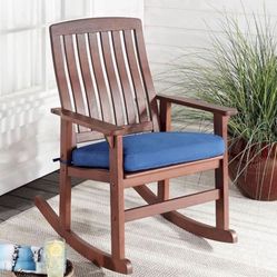 🪑 Wood Rocking Chair – Brown Finish with Blue Cushion – New in Box